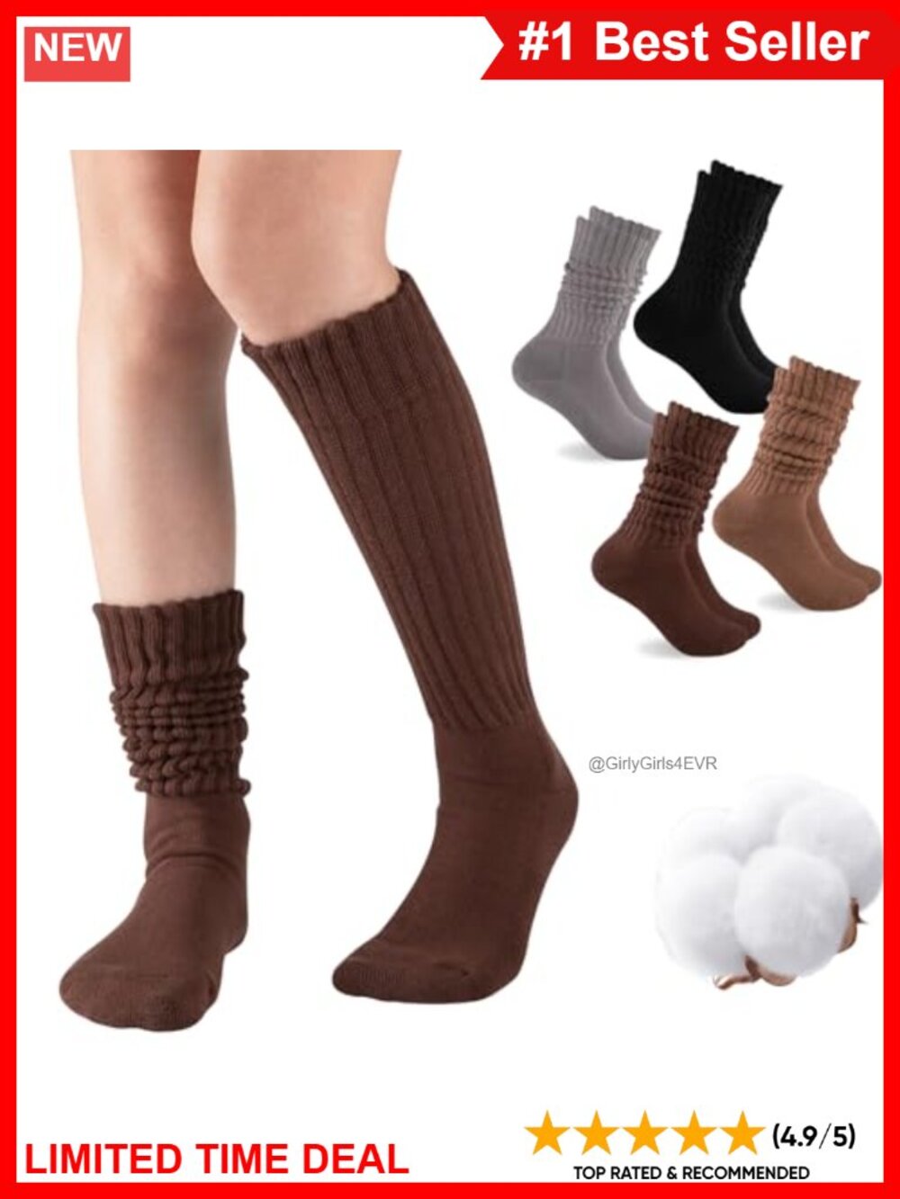 Women's Slouch Socks Knee High Scrunch Cotton Soft Knit Cushion 4 Pairs